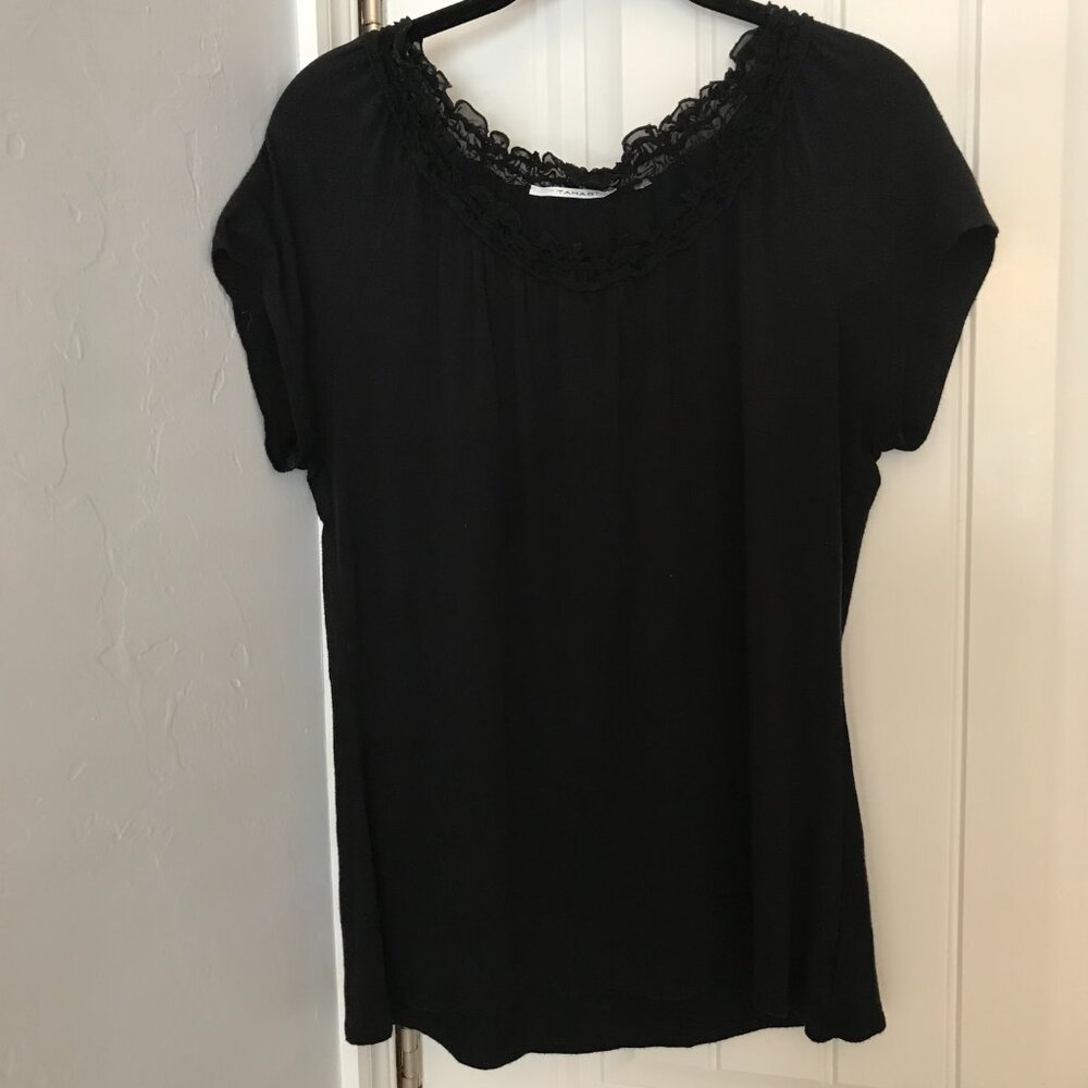 T Tahari Black Cap Sleeve Ruffle Neck Top